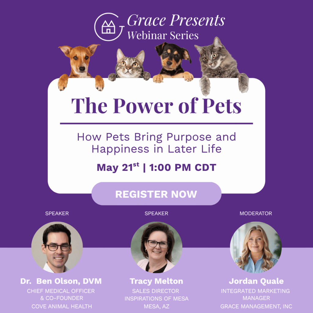 Promo banner for Grace Presents Webinar Series: The Power of Pets event with dogs and cats peeking over a white panel; includes date, time, and a Register Now button.