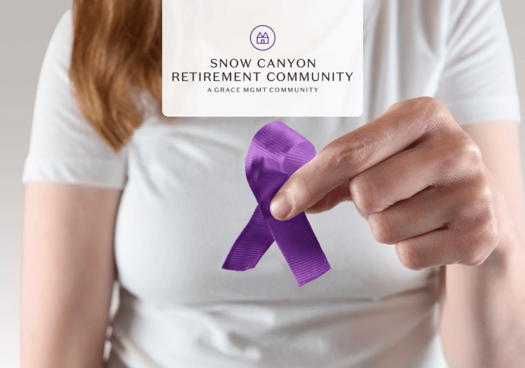 Person in a white shirt holds a purple awareness ribbon; a Snow Canyon Retirement Community logo is visible above.