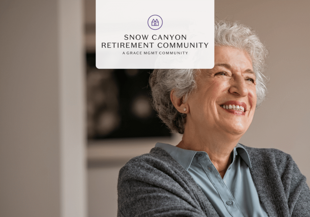 Smiling senior woman with gray hair in a blue blouse and gray cardigan, with a Snow Canyon Retirement Community promo card at the top.