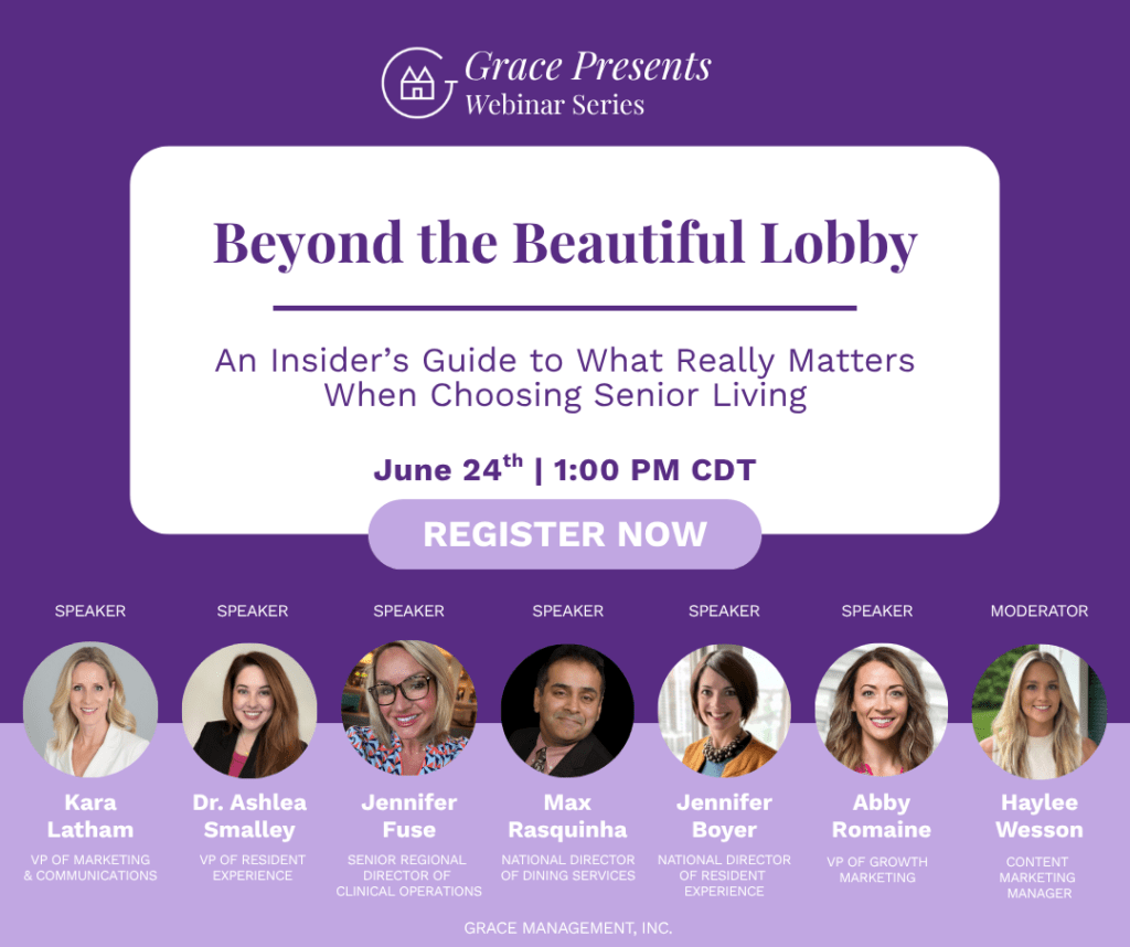 Promotional banner for Grace Presents Webinar Series: 'Beyond the Beautiful Lobby' with date June 24 at 1:00 PM CDT, a 'Register Now' button, and headshots of the speakers and moderator with their titles.