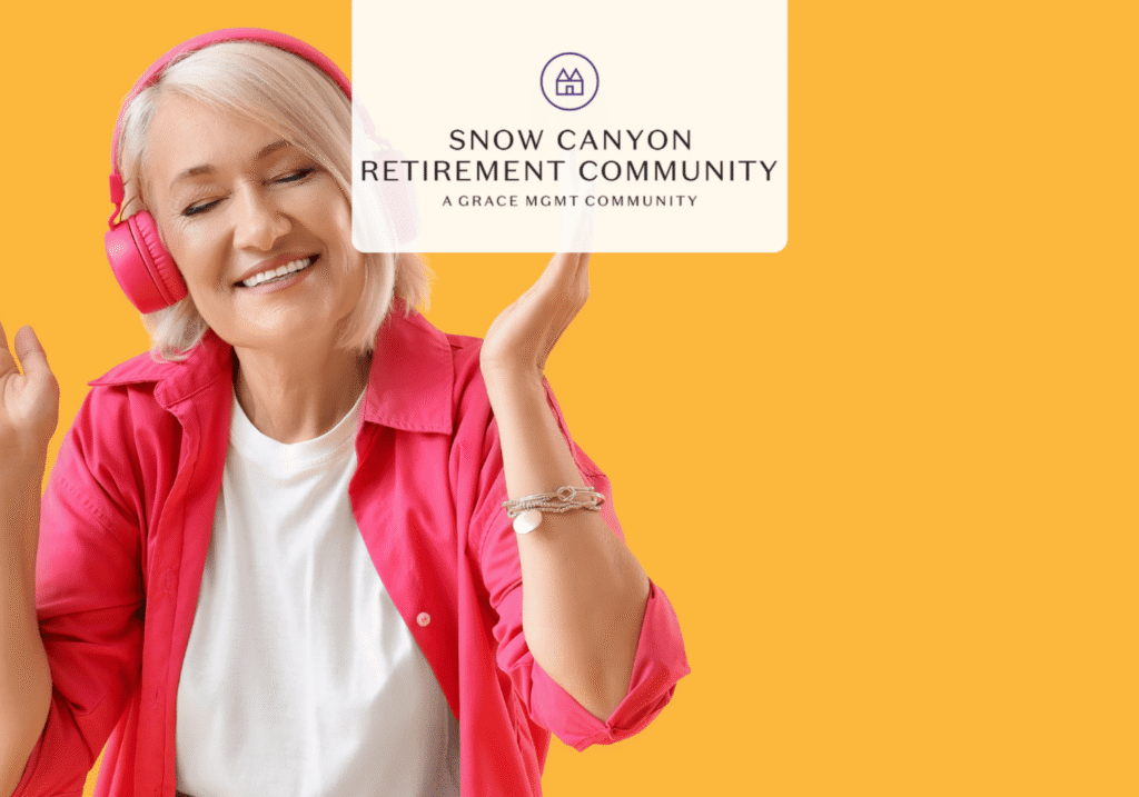 Smiling older woman wearing pink headphones against an orange background with a white banner that says Snow Canyon Retirement Community.