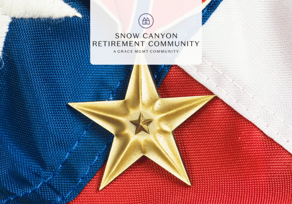 Brand banner for Snow Canyon Retirement Community over a blue, white, and red fabric background with a gold star centerpiece.