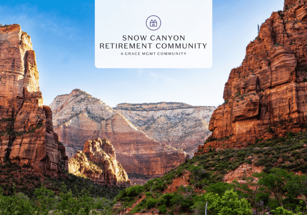 Snow Canyon Retirement Community logo on a white rounded banner over a red canyon landscape with blue sky.