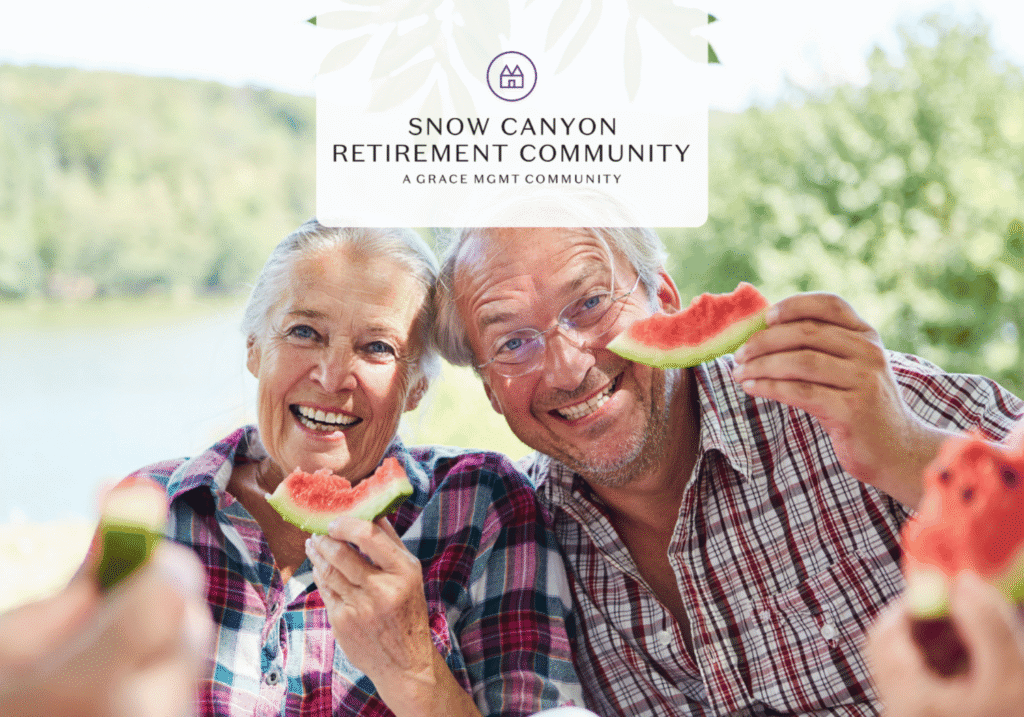 Happy elderly couple enjoying watermelon outdoors; logo reads Snow Canyon Retirement Community above them.